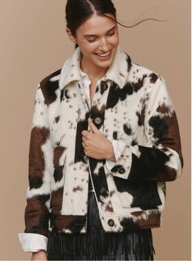 New Bernardo x Anthropologie Dakota Faux Fur Cow Print Jacket in Cream and Brown